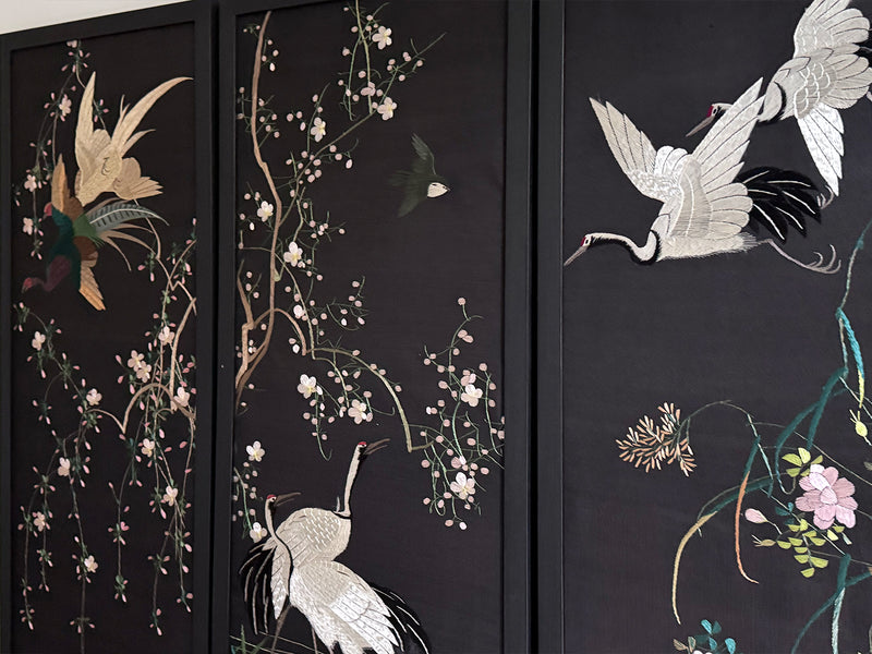 A Set of Four 1930's Embroidered Japanese Silk Panels