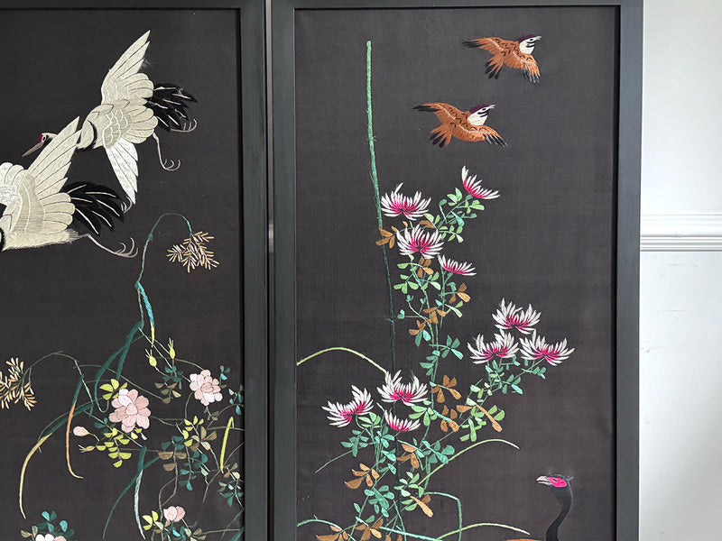 A Set of Four 1930's Embroidered Japanese Silk Panels