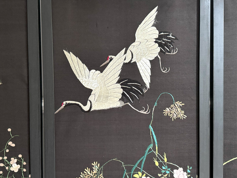 A Set of Four 1930's Embroidered Japanese Silk Panels