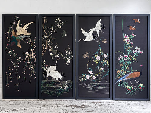 A Set of Four 1930's Embroidered Japanese Silk Panels