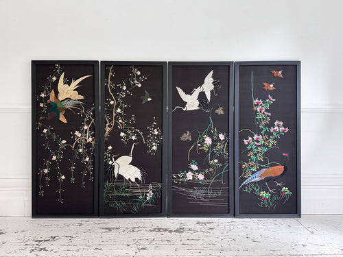 A Set of Four 1930's Embroidered Japanese Silk Panels