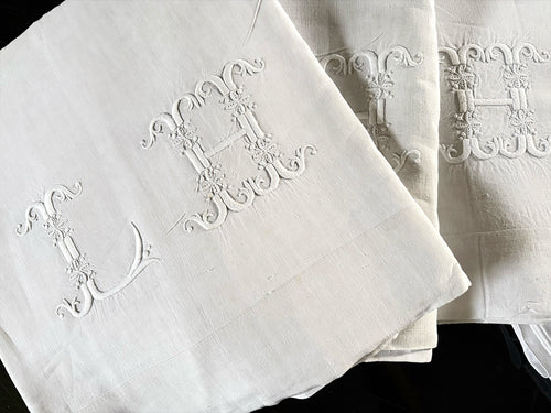 Antique French Monogrammed Linen Sheet - 'LH' - Four available