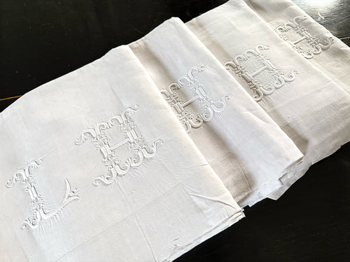 Antique French Monogrammed Linen Sheet - 'LH' - Four available