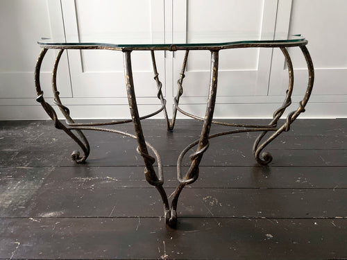 A 1950's Spanish Hammered Gilt Metal Coffee Table with Glass Top
