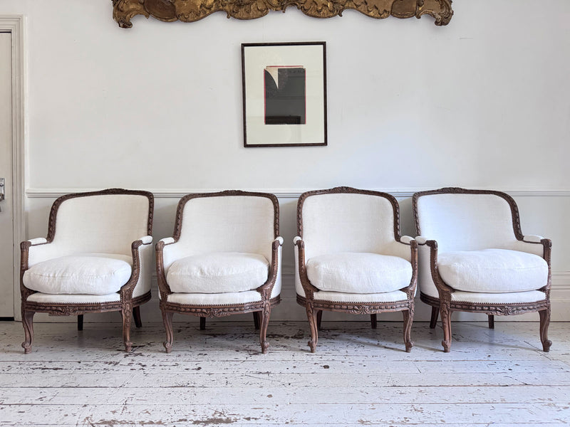 Two Pairs of Carved 19th C Louis XVI Style Carved Frame Bergères