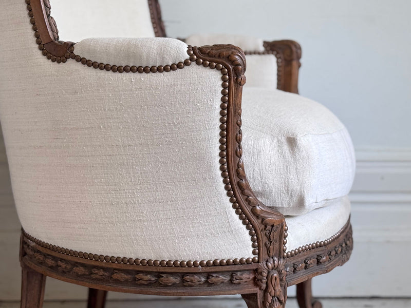 Two Pairs of Carved 19th C Louis XVI Style Carved Frame Bergères