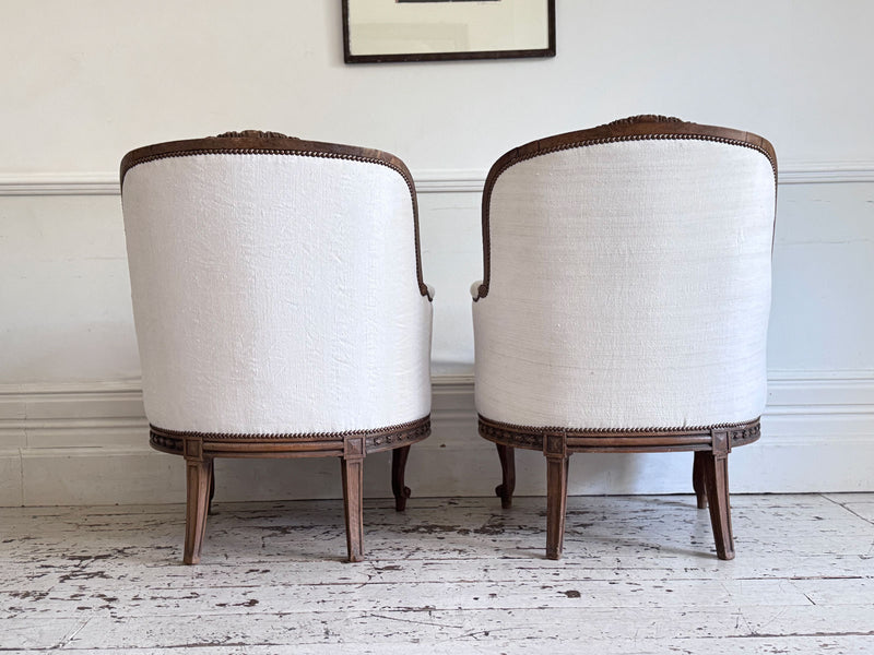 Two Pairs of Carved 19th C Louis XVI Style Carved Frame Bergères