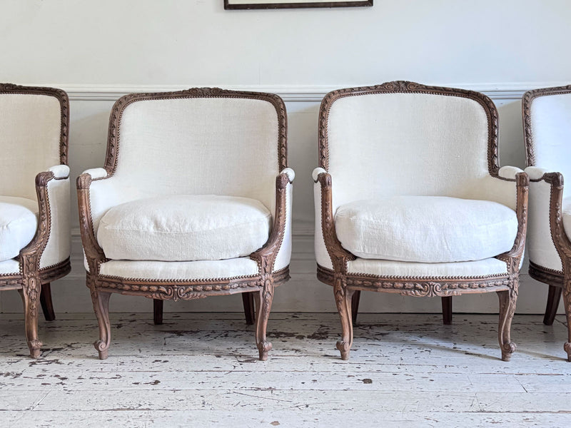 Two Pairs of Carved 19th C Louis XVI Style Carved Frame Bergères