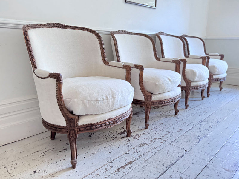 Two Pairs of Carved 19th C Louis XVI Style Carved Frame Bergères