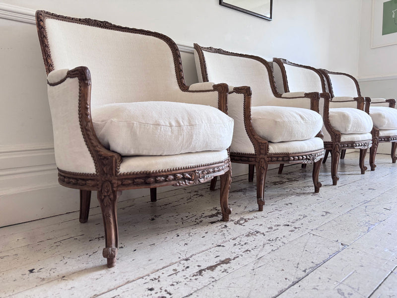Two Pairs of Carved 19th C Louis XVI Style Carved Frame Bergères