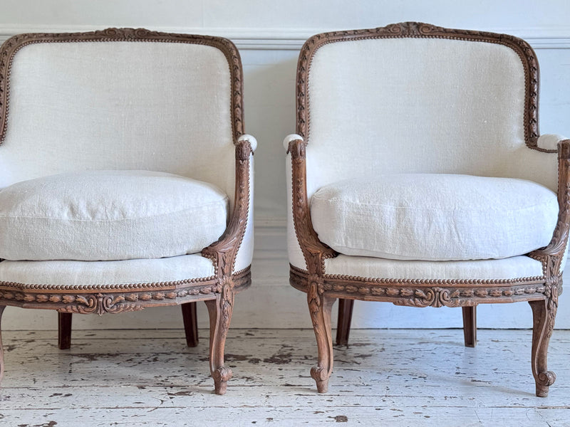 Two Pairs of Carved 19th C Louis XVI Style Carved Frame Bergères