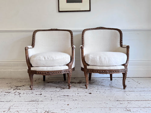 Two Pairs of Carved 19th C Louis XVI Style Carved Frame Bergères