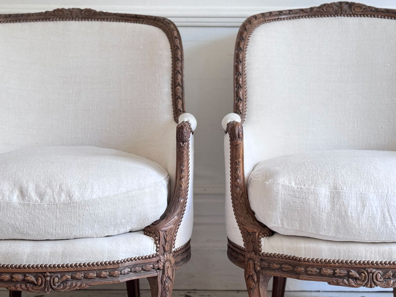 Two Pairs of Carved 19th C Louis XVI Style Carved Frame Bergères