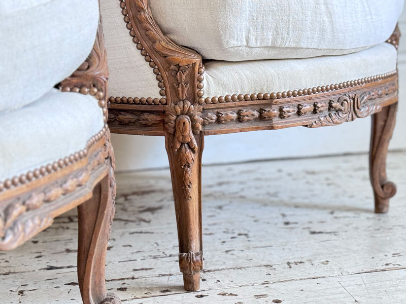 Two Pairs of Carved 19th C Louis XVI Style Carved Frame Bergères