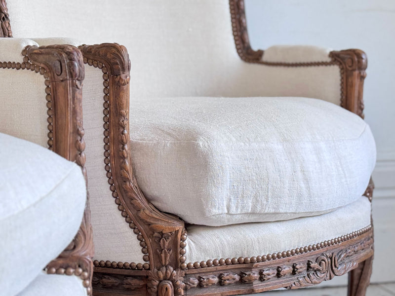 Two Pairs of Carved 19th C Louis XVI Style Carved Frame Bergères