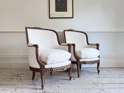 Two Pairs of Carved 19th C Louis XVI Style Carved Frame Bergères