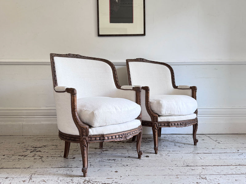 Two Pairs of Carved 19th C Louis XVI Style Carved Frame Bergères