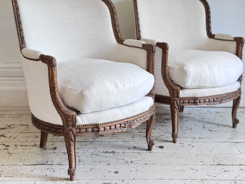 Two Pairs of Carved 19th C Louis XVI Style Carved Frame Bergères