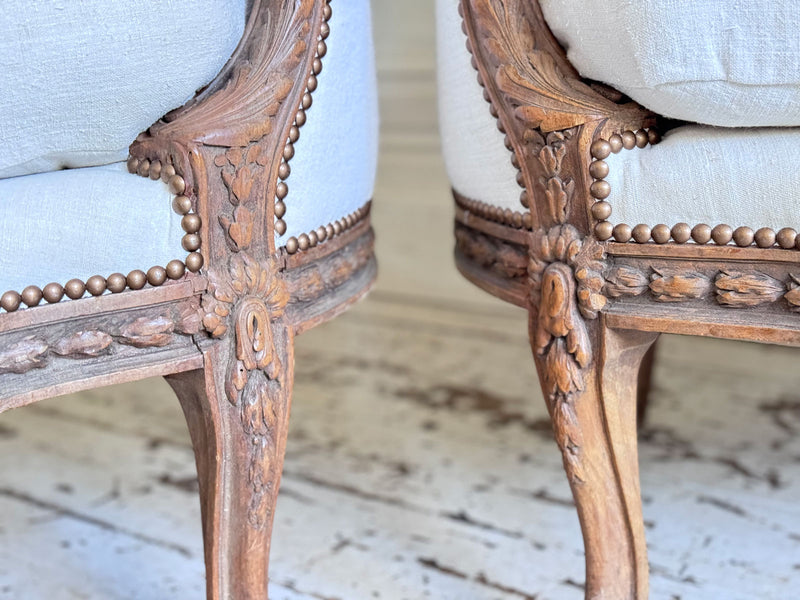 Two Pairs of Carved 19th C Louis XVI Style Carved Frame Bergères