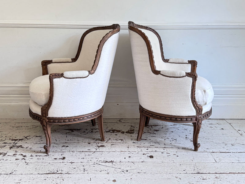 Two Pairs of Carved 19th C Louis XVI Style Carved Frame Bergères