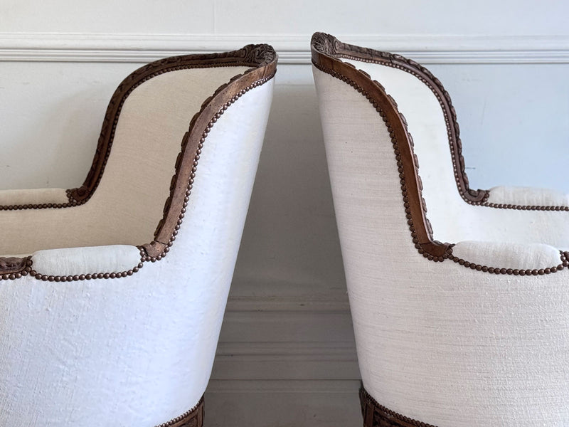 Two Pairs of Carved 19th C Louis XVI Style Carved Frame Bergères