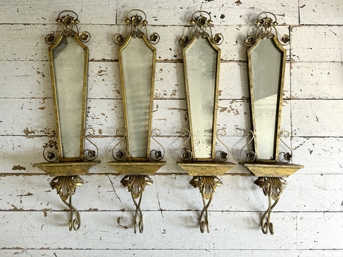 Two Pairs of 1940's French Gilt Metal Mirrored Wall Sconces
