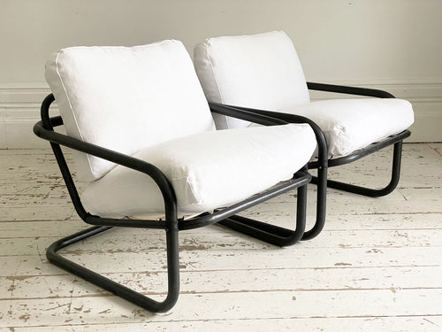 Two Pairs of 1950's French Black Metal Cantilever Chairs