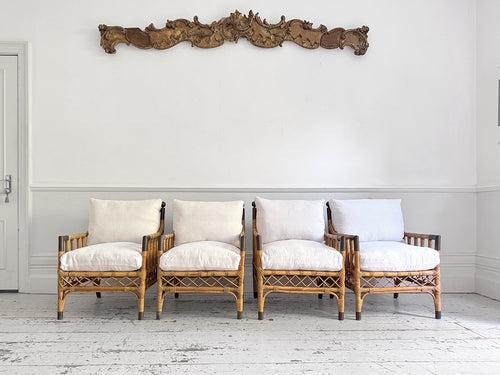 Two Pairs of 1950's French Bamboo Armchairs with Brass Details