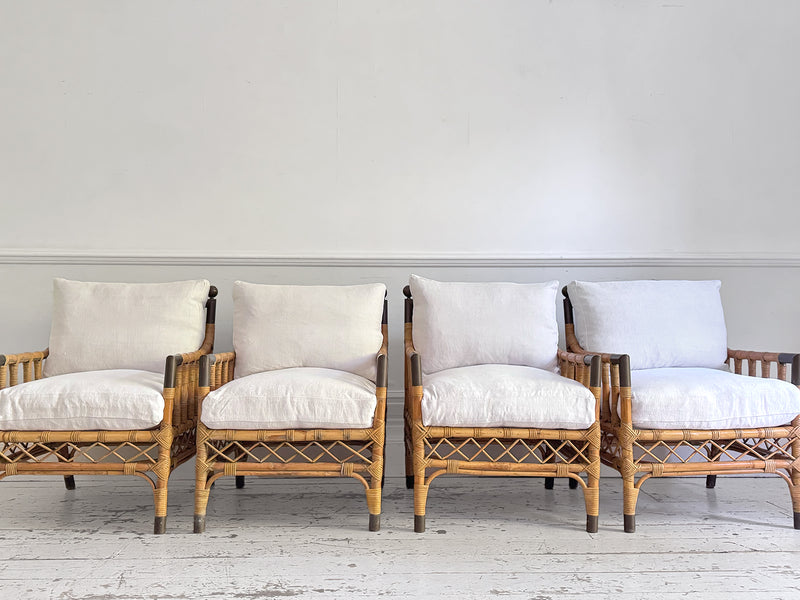 Two Pairs of 1950's French Bamboo Armchairs with Brass Details