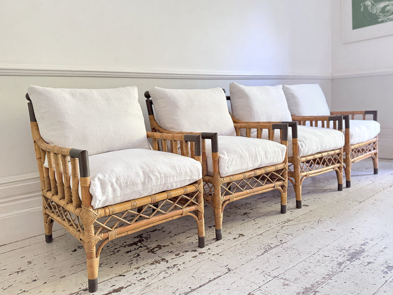 Two Pairs of 1950's French Bamboo Armchairs with Brass Details