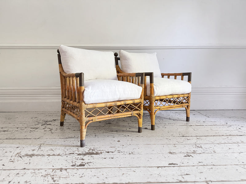Two Pairs of 1950's French Bamboo Armchairs with Brass Details