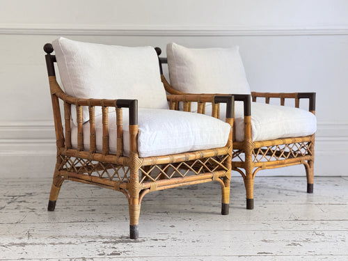 Two Pairs of 1950's French Bamboo Armchairs with Brass Details
