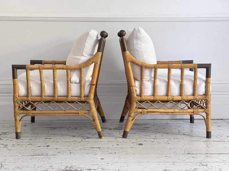 Two Pairs of 1950's French Bamboo Armchairs with Brass Details