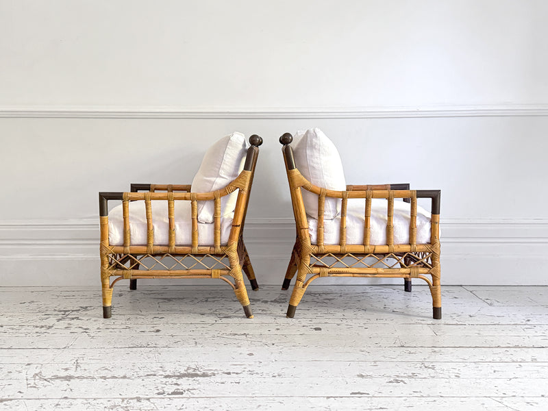 Two Pairs of 1950's French Bamboo Armchairs with Brass Details