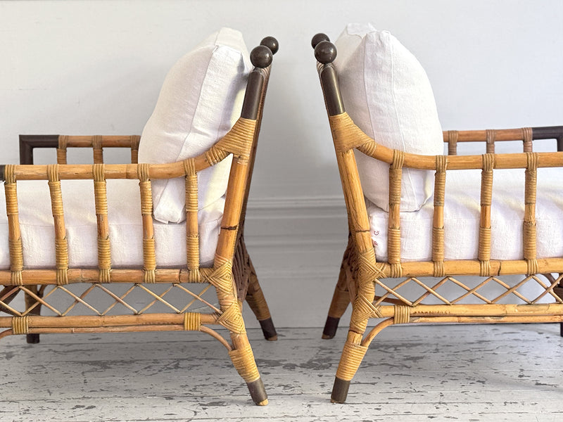 Two Pairs of 1950's French Bamboo Armchairs with Brass Details
