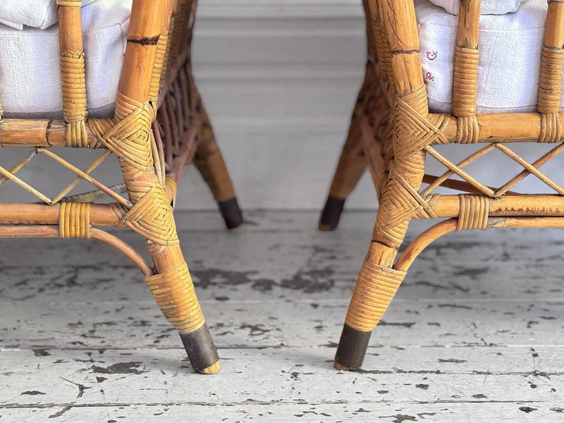 Two Pairs of 1950's French Bamboo Armchairs with Brass Details