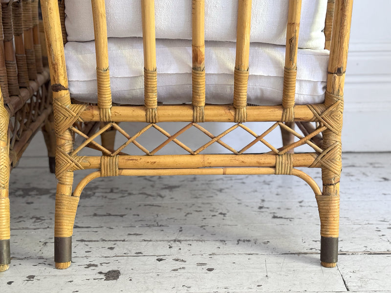 Two Pairs of 1950's French Bamboo Armchairs with Brass Details