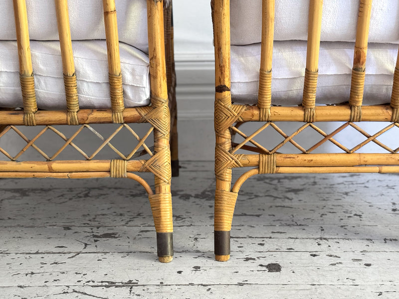Two Pairs of 1950's French Bamboo Armchairs with Brass Details