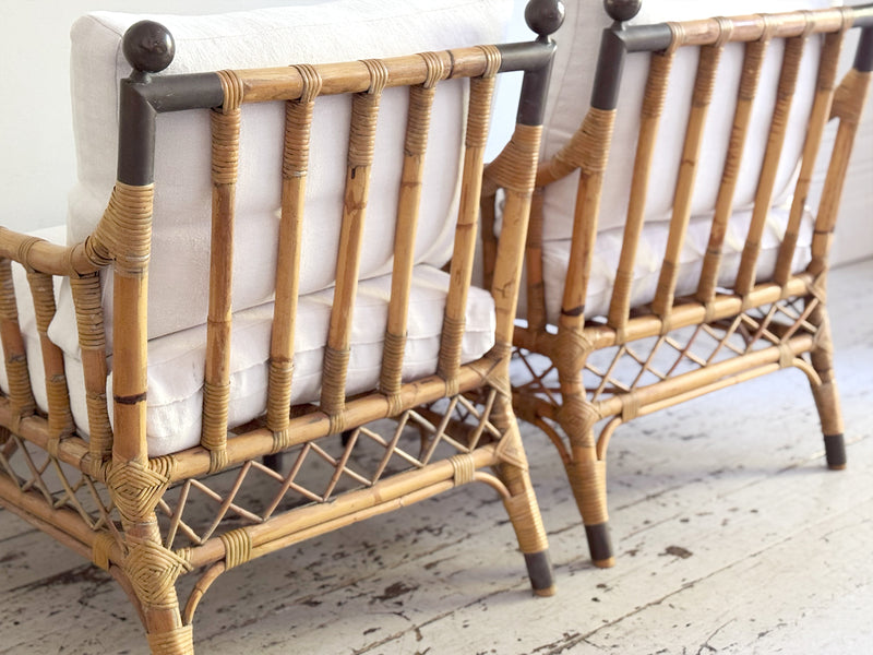 Two Pairs of 1950's French Bamboo Armchairs with Brass Details