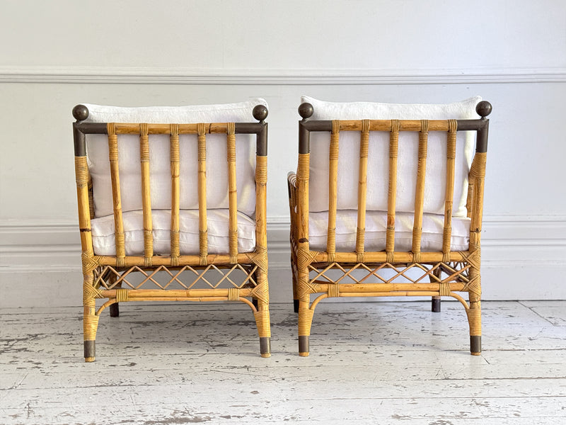 Two Pairs of 1950's French Bamboo Armchairs with Brass Details
