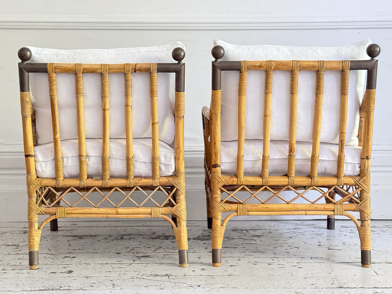 Two Pairs of 1950's French Bamboo Armchairs with Brass Details