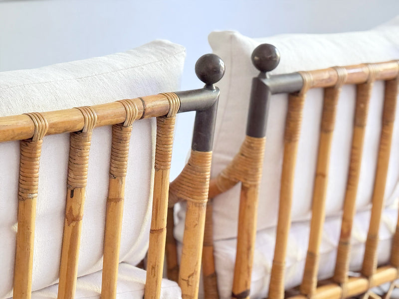 Two Pairs of 1950's French Bamboo Armchairs with Brass Details