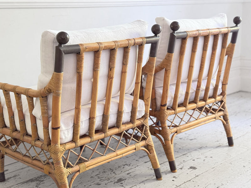 Two Pairs of 1950's French Bamboo Armchairs with Brass Details