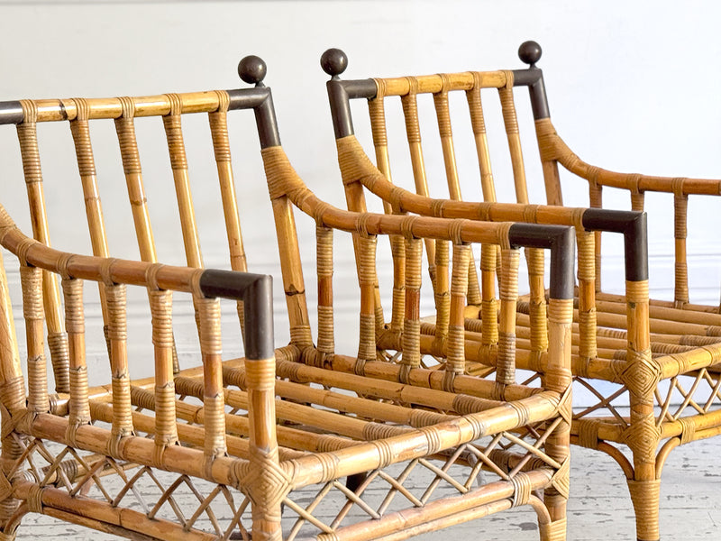 Two Pairs of 1950's French Bamboo Armchairs with Brass Details