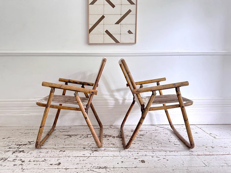 Two Pairs of 1970's Folding Bamboo Cowhide Armchairs