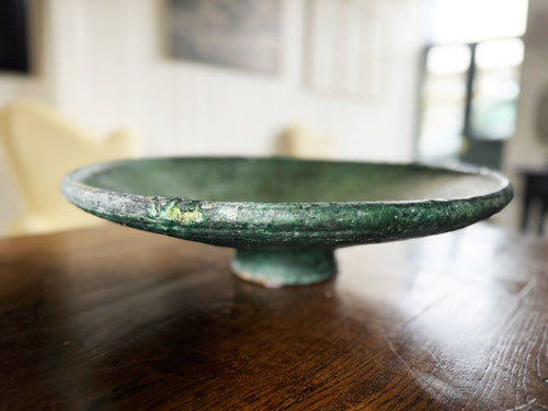 An Extra Large Glazed Green Vintage Moroccan Serving Fruit Dish on Stand