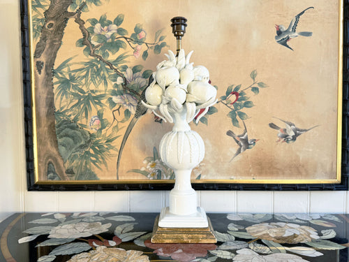 An Elegant 1950's Manises White Glazed Fruit Table Lamp on Pedestal