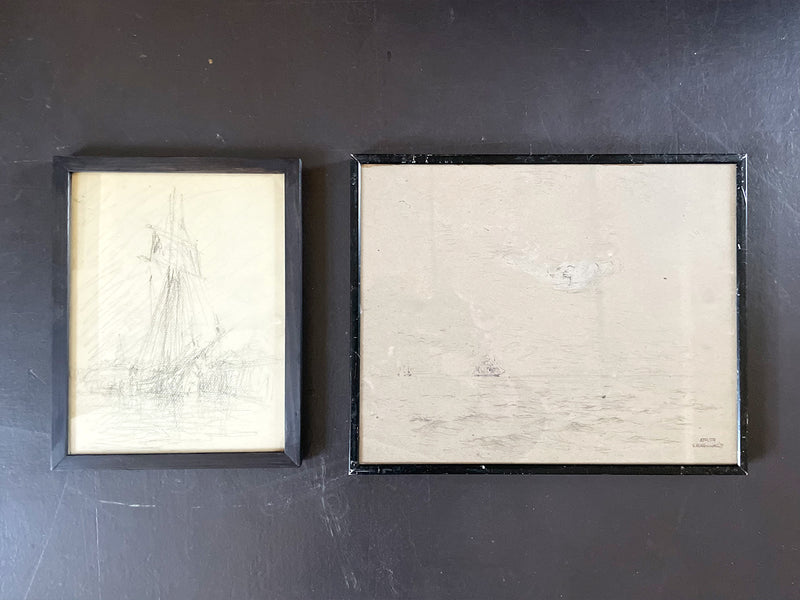 A 1950's French Pencil on Paper Nautical Scene 