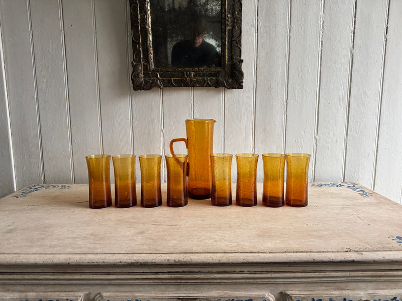 A 1970's French Set of Orange Bubble Glass Tumblers & Jug