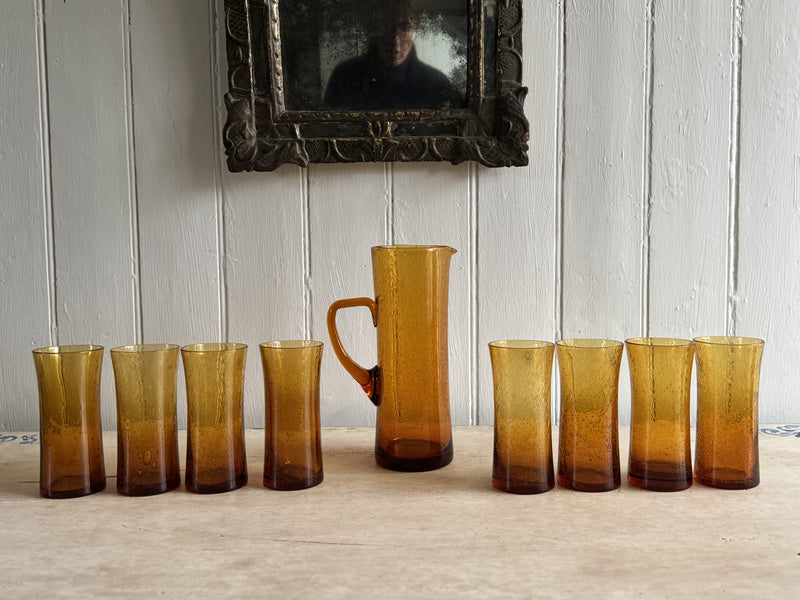 A 1970's French Set of Orange Bubble Glass Tumblers & Jug